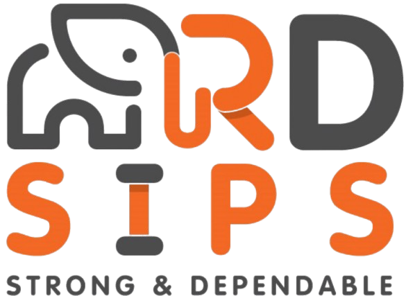 Brand logo featuring a gray elephant icon and orange-gray letters forming the name, with the tagline 'STRONG & DEPENDABLE'.