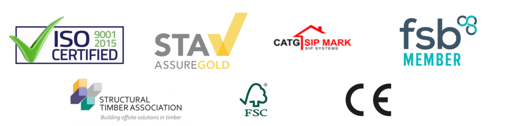 An image of the following logos: ISO certified 9001 / 2015, Structural timber association, STAV assure Gold, FSC, CATG SIP mark, Fsb member, CE logo