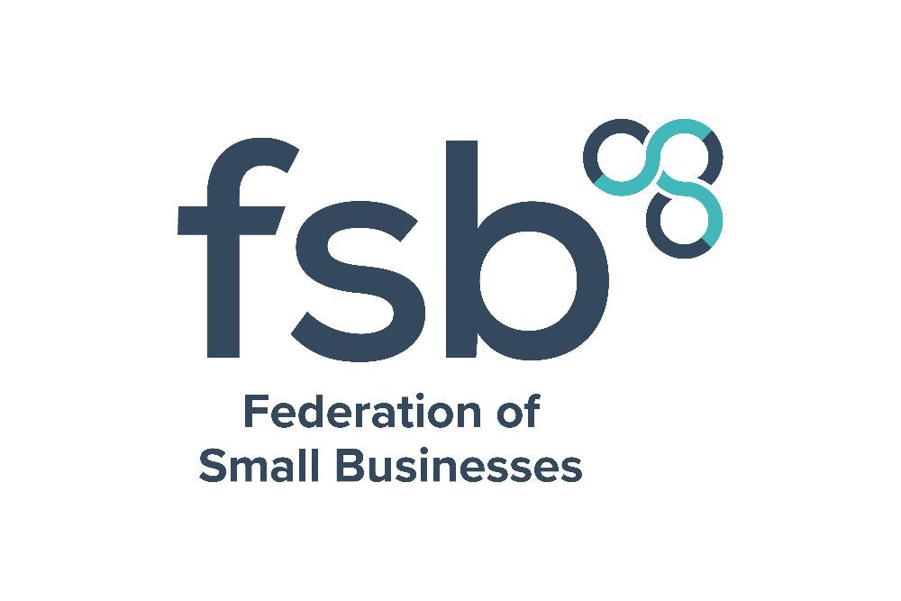 Federation of Small Businesses (FSB) logo with dark blue letters and a teal circular motif.