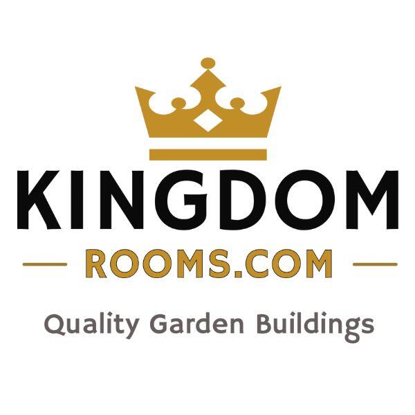 KingdomRooms.com logo with a gold crown above bold 'KINGDOM' and gold 'ROOMS.COM', plus the slogan 'Quality Garden Buildings'.