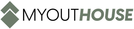 MyOutHouse logo: two overlapping green diamond shapes forming a stylized house to the left of the brand name MYOUTHOUSE.