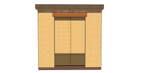 Front view of a wooden cabinet with central double doors, flanked by cork-textured panels and dark brown trim at top and bottom.