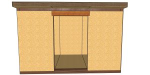 Wooden cabinet with a central open storage space framed by vertical panels and brown trim at the top and bottom.
