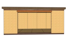 Built-in wall niche with four beige sliding panels, wood trim, and a dark brown baseboard along the bottom edge.