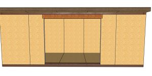 Large wooden cabinet/unit with five beige textured doors, a central open space framed by side panels, and dark brown trim along the top and bottom.