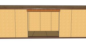 Long wooden cabinet with beige textured doors and a central open display alcove framed by panels.