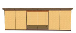 Long wooden storage cabinet with six doors and a central open niche at floor level.