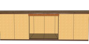 Long wooden storage cabinet with six doors and a central open niche at floor level.