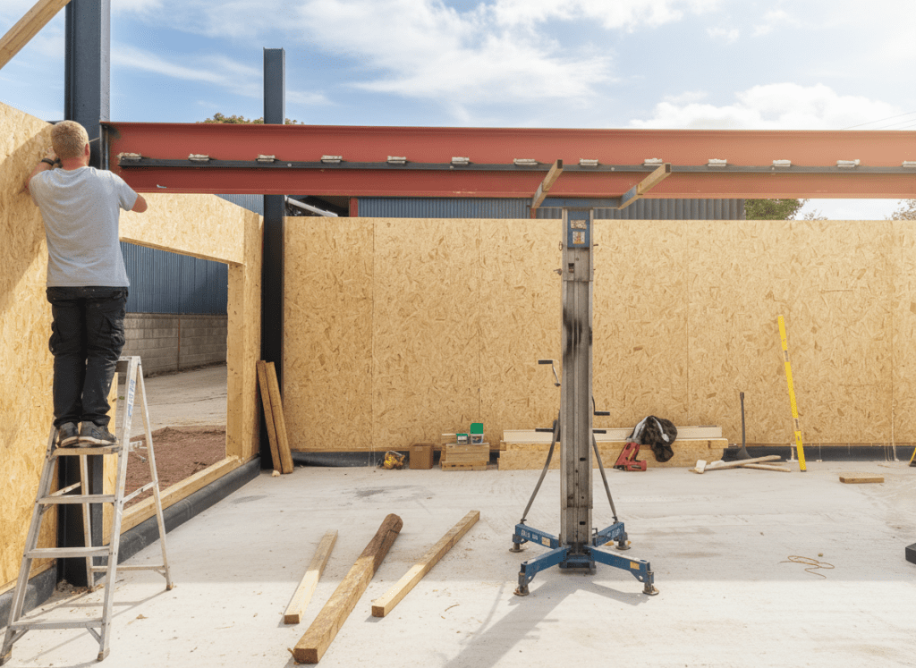 Construction worker on a ladder fastening a red steel beam to a wooden framed wall inside a building under construction