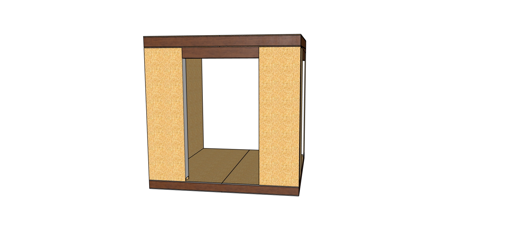 3D rendering of an open wooden cabinet frame with cork panels on the sides and top/bottom trim.