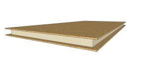 Cross-section of a three-layer panel: OSB top and bottom boards with a light-colored core in between.